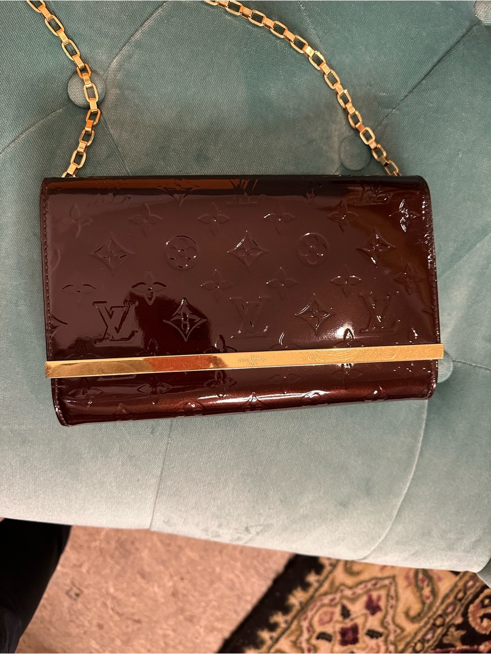 Louis Vuitton Vernis Patent Leather Chain Clutch in Dark Burgundy